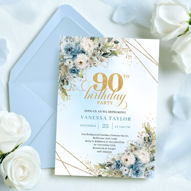 Invitation Stunning Boho Dusty Blue Floral Gold 90th Birthday (Stunning Boho Dusty Blue Floral Gold 90th Birthday)