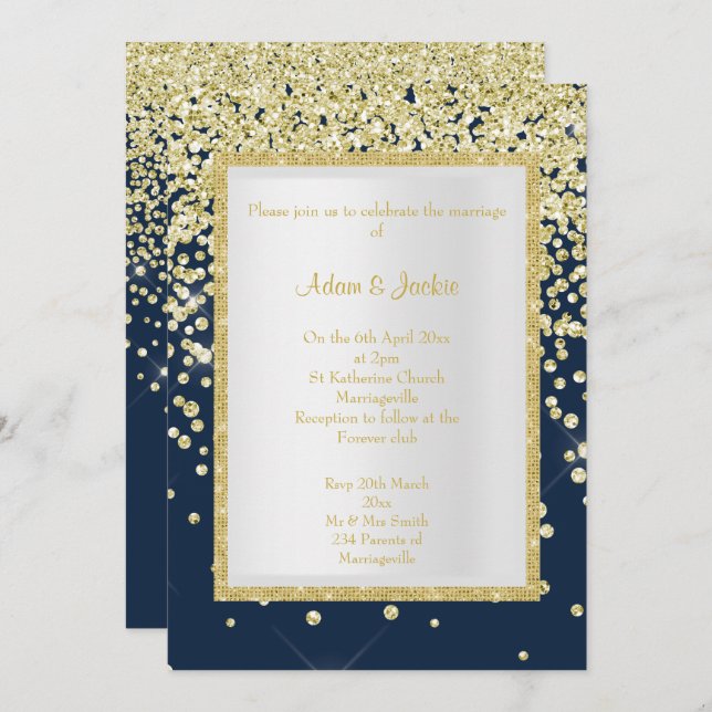 INVITATION STUNNING MARINE OR SPARKLE MARIAGE PERSONNALISÉ (Devant / Derrière)