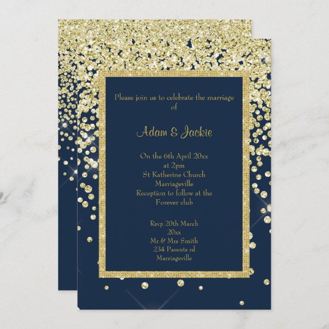 INVITATION STUNNING MARINE OR SPARKLE MARIAGE PERSONNALISÉ (Devant / Derrière)