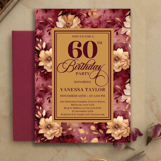 Invitation Stylé 60e Anniversaire Bordeaux Blush Floral Or   (Stylish 60th Birthday Burgundy Blush Floral Gold Invitation)