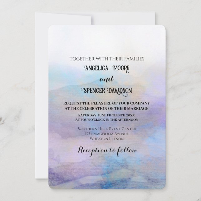 Invitation Style aquarelle élégant mariage bleu violet  (Devant)