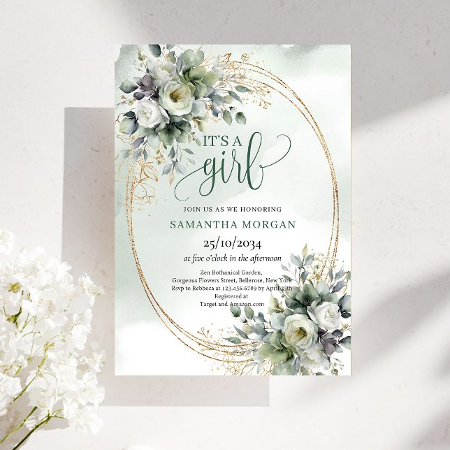 Invitation Style Aquarelle Verdure C'est Une Fille (Watercolor Greenery Style It’s A Girl Invitation)