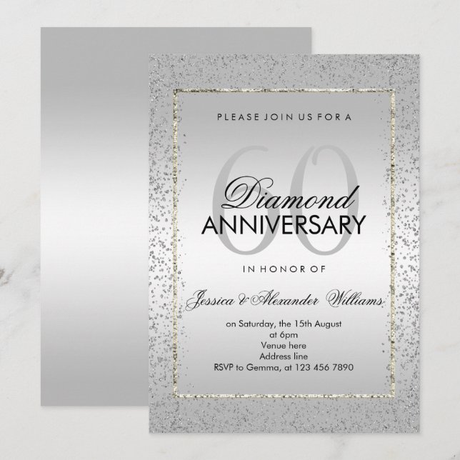 Invitation Stylé Argent Confettis 60ème Noces de Diamant (Devant / Derrière)