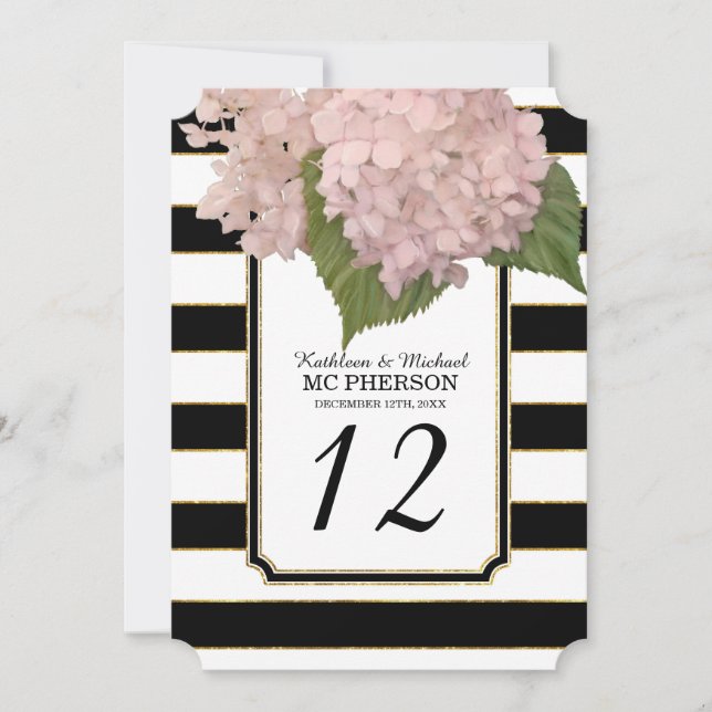 Invitation Style Art Déco Moderne Hydrangea Rayé Faux Or (Devant)