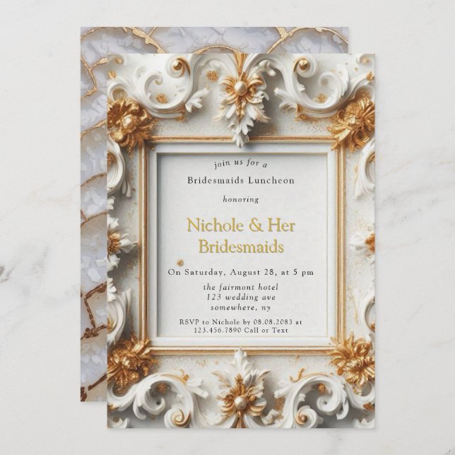 Invitation Style baroque Blanc Gold Bridesmaitres Déjeuner (Devant / Derrière)