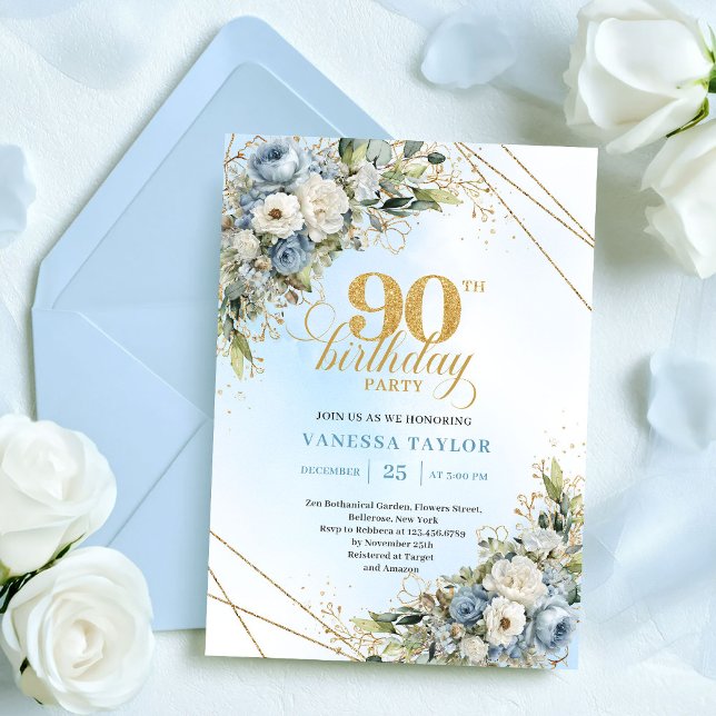 Invitation Stylé Boho Bleu Poussiéreux Accent Doré 90e Annive (Stylish Dusty Blue Gold Accent 90th Birthday Invite

)