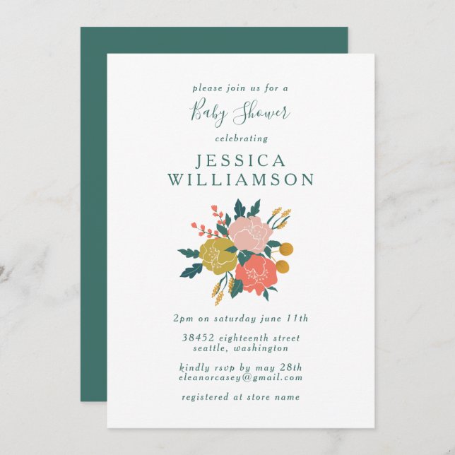 Invitation Style Boho Floral Art Baby shower simple (Devant / Derrière)