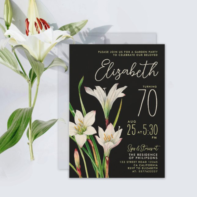 Invitation Stylé Chic Fleur de Lys Noir et Blanc 70e Annivers (Créateur téléchargé)
