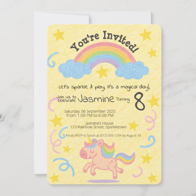 Invitation Style Crayon modifiable - Épersion de rêve Unicorn (Devant)