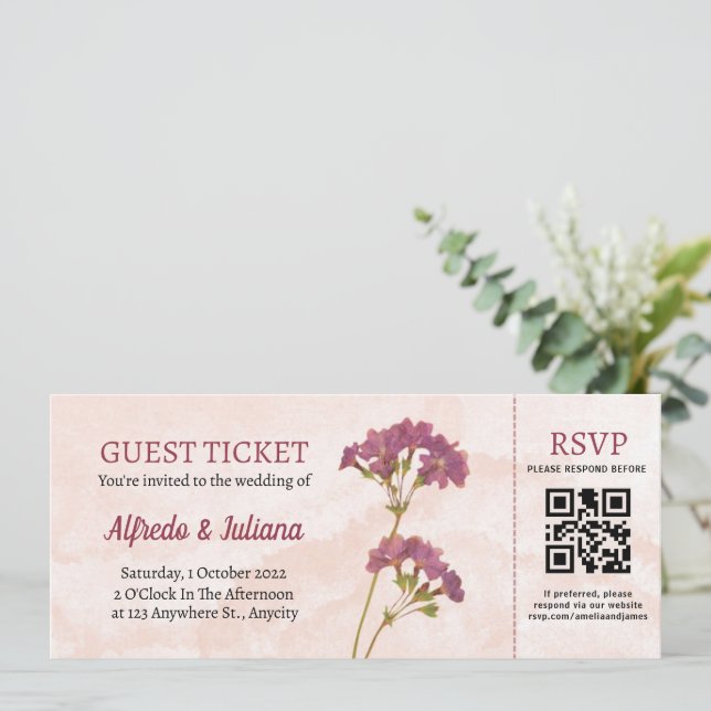 Invitation Style de billet avec code Rsvp QR (Debout devant)