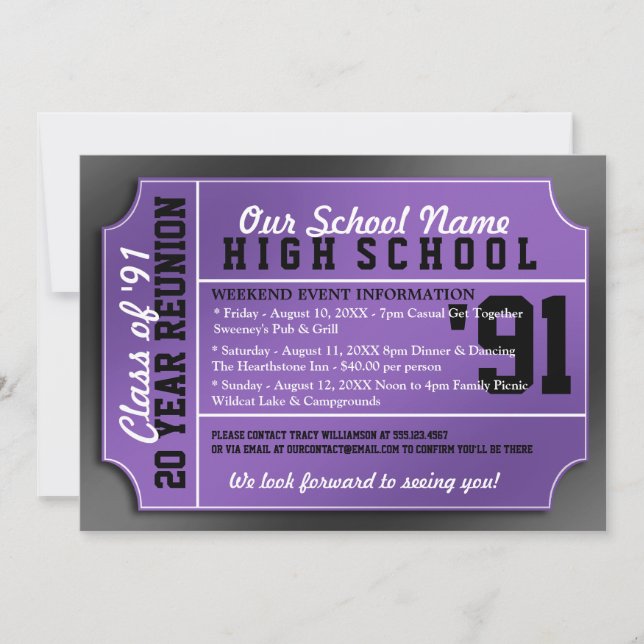 Invitation Style de billet Réunion classe Noir/Violet (Devant)