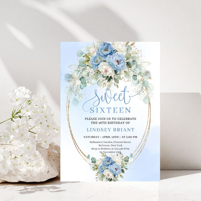 Invitation Style de script Fleurs de pivoine bleu poussiéreux (Script Style Dusty Blue Peonies Sweet 16 Birthday Invite)
