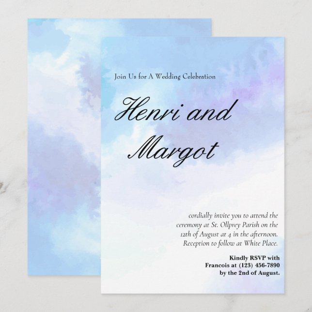 Invitation Style d'écriture fluide aquarelle bleu pastel et v (Devant / Derrière)