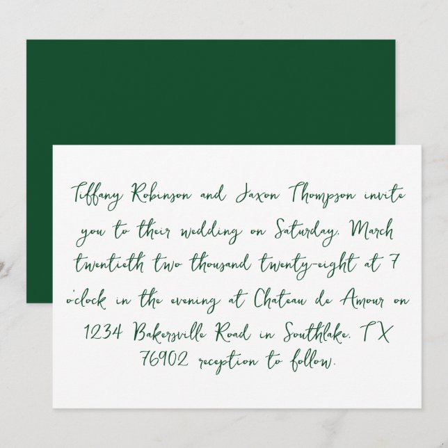 Invitation Style d'écriture manuscrite blanc et Mariage vert  (Devant / Derrière)