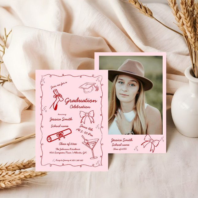 Invitation Style Doodle Graduation dessinée à la main (Créateur téléchargé)