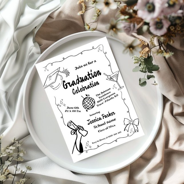 Invitation Style Doodle Graduation dessinée à la main (Créateur téléchargé)