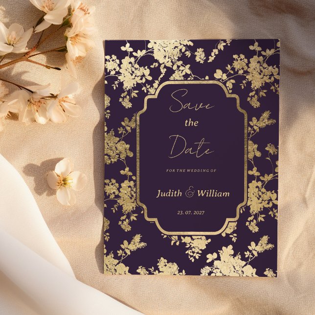 Invitation Style élégant Flore dorée violet foncé Enregistrer (Elegant Style Dark Purple Gold Flora Save the Date )