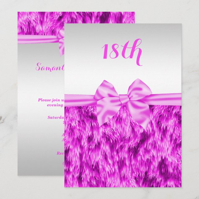 Invitation Stylé Faux Fourrure & Nœud en Soie Rose 18e Annive (Devant / Derrière)