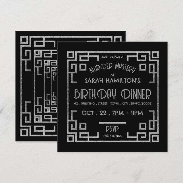 Invitation Style Géométrique Gatsby, Mystère de Meurtre Anniv (Devant / Derrière)