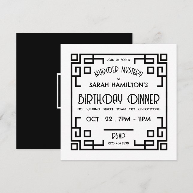 Invitation Style Géométrique Gatsby, Mystère de Meurtre Anniv (Devant / Derrière)