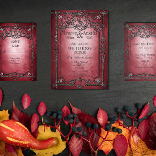 Invitation Style gothique Mariage de cadre argenté bordeaux f