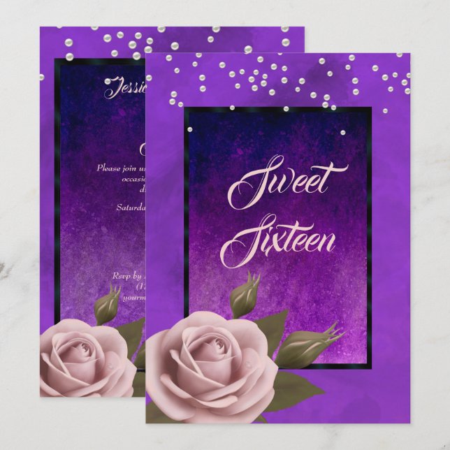 Invitation Stylé gothique violet avec rose et perles Sweet 16 (Devant / Derrière)