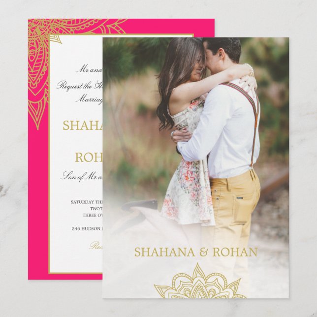 Invitation Style indien officiel Photo rose or chic Mariage (Devant / Derrière)