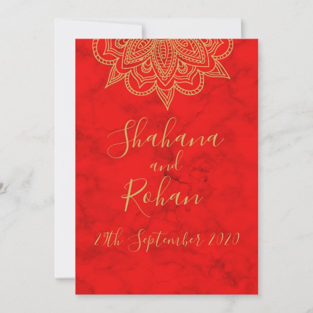 Invitation Style indien Rouge or couleur moderne Mariage chic (Devant)