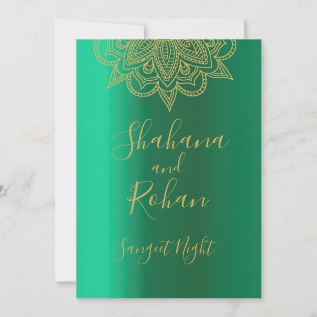 Invitation Style indien Sangeet Vert or couleur moderne (Devant)