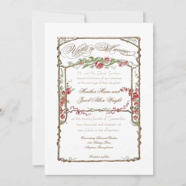 Invitation Style Letterpress Vintage Faux Bois Trellis - Roug (Devant)