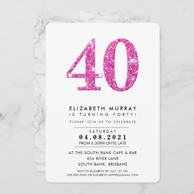 Invitation STYLE MODERNE 40E anniversaire parties scintillant (Devant / Derrière)