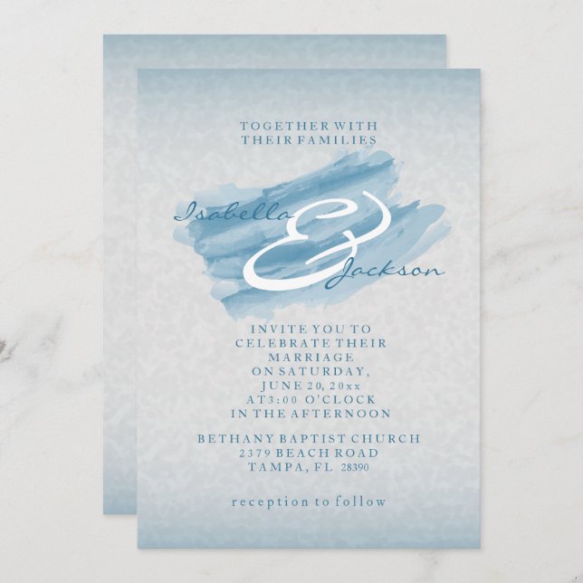 Invitation Style moderne Mariage d'aquarelle bleu (Devant / Derrière)