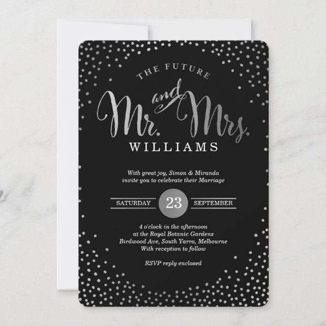 Invitation STYLE MODERNE MARIAGE mini confetti argent noir (Devant)