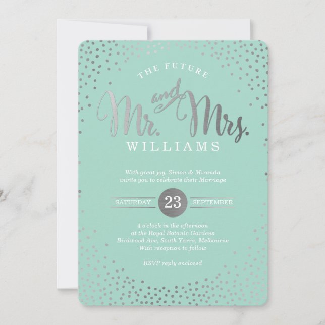 Invitation STYLE MODERNE MARIAGE mini confetti menthe argent (Devant)