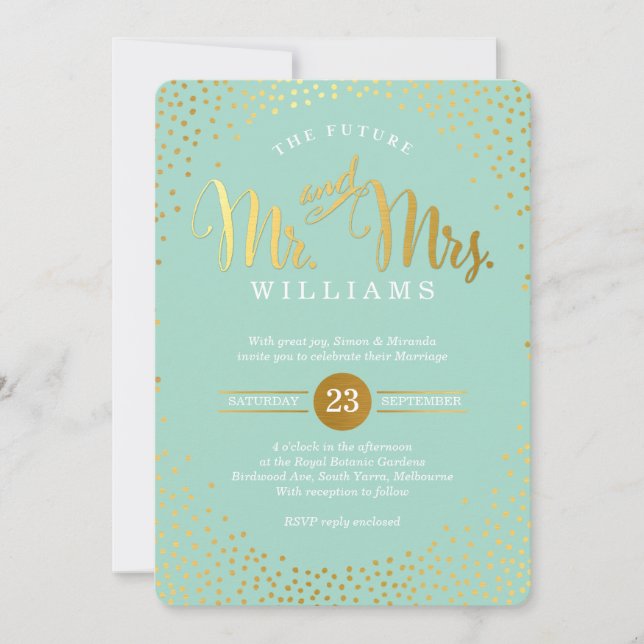 Invitation STYLE MODERNE MARIAGE mini confetti menthe or (Devant)