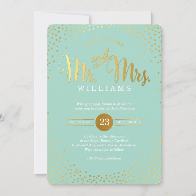 Invitation STYLE MODERNE MARIAGE mini confetti menthe or (Devant)