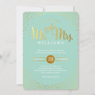 Invitation STYLE MODERNE MARIAGE mini confetti menthe or