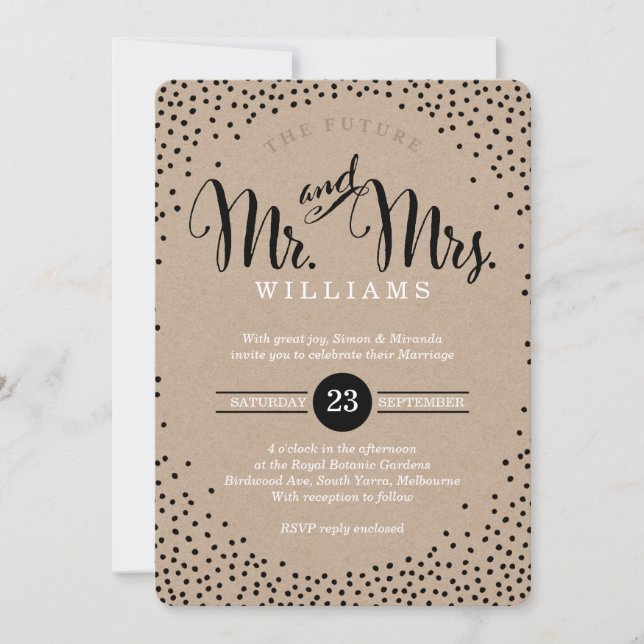 Invitation STYLE MODERNE MARIAGE mini confetti noir kraft (Devant)