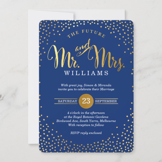 Invitation STYLE MODERNE MARIAGE mini-confetti or marine (Devant)