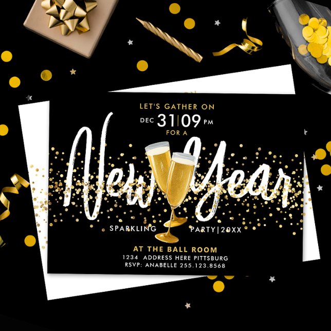 Invitation Style New Year Champagne Gold Confetti Noir (Créateur téléchargé)
