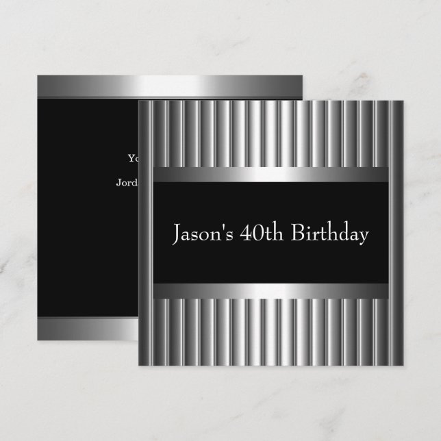 Invitation Style Noir Blanc Mens 40th Argent (Devant / Derrière)