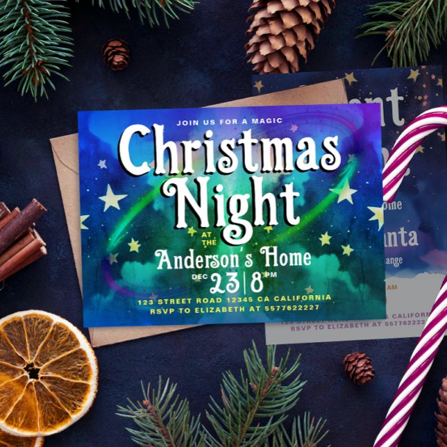 Invitation Stylé Nuit de Noël Céleste Bleu Vintage  (Créateur téléchargé)