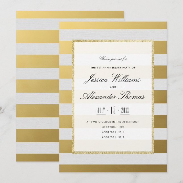 Invitation Stylé Or Blanc Rayures 1er Anniversaire de Mariage (Devant / Derrière)