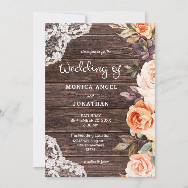 Invitation Style original - Fleurs de bois en dentelle rose e (Devant)