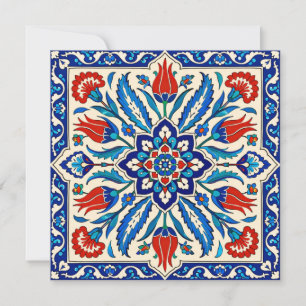Invitation Style Ottoman Bleu Motif Tulipe Rouge