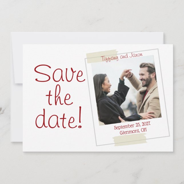 Invitation Style photo Rouge et blanc Enregistrer la date (Devant)