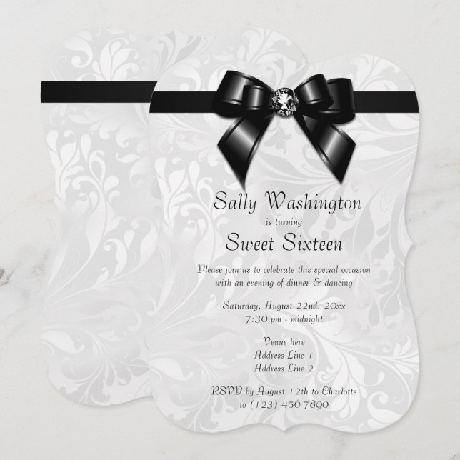 Invitation Stylé Posh Diamant Arc & Damassé Sweet 16 (Devant / Derrière)