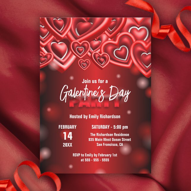 Invitation Style Red Glossy Hearts Galentine's Day Party (Créateur téléchargé)