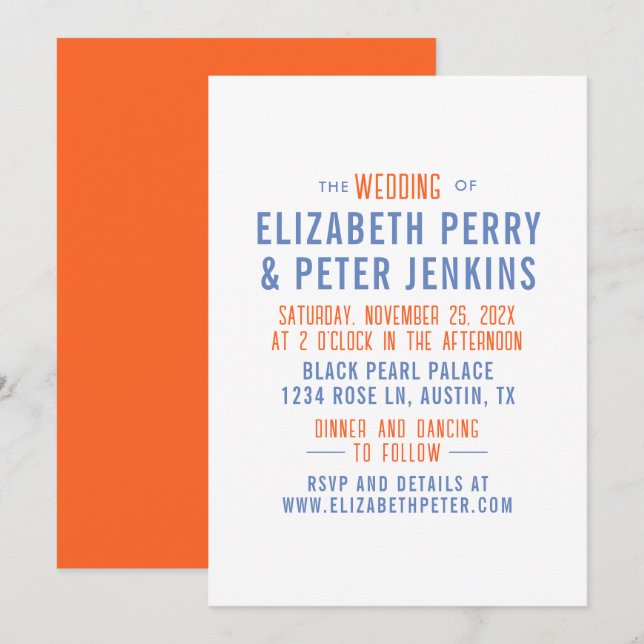 Invitation Style Retro Mariage bleu orange (Devant / Derrière)