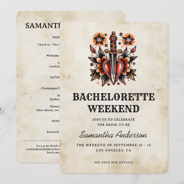 Invitation Style tatouage Dagger Coeur Retro Bachelorette (Devant / Derrière)